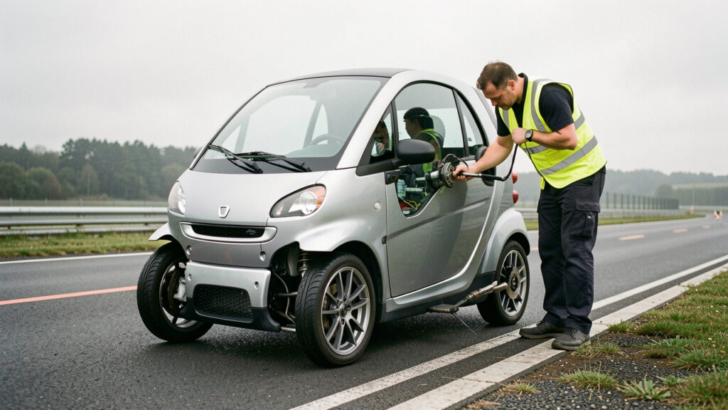 Petit quadricycle électrique compact examiné par un technicien dans un environnement sécurisé afin de vérifier sa conformité et ses équipements.