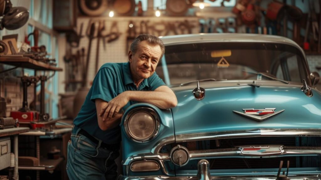 Mécanicien réparant l’embrayage d’une voiture ancienne dans un atelier automobile.