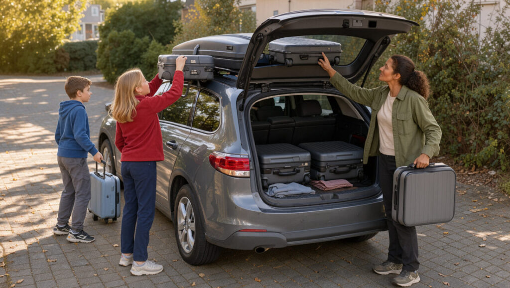 Répartir la charge entre voiture et coffre de toit avec deux enfants